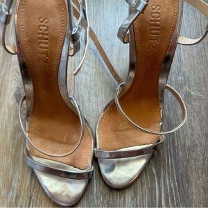 SCHUTZ Metallic Silver Strappy High Heel Sandals